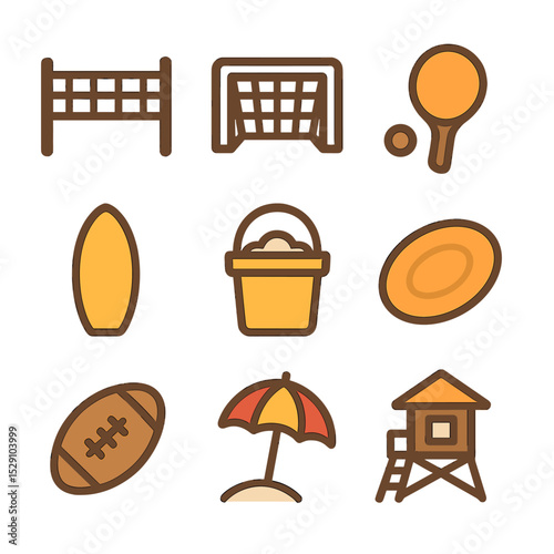 Beach Sports Icons. Flat icon set of beach sports: volleyball net, beach soccer goal, beach tennis paddle, skimboard, sand bucket,