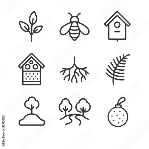 Biodiversity Icon Set. Outline icon set of biodiversity enhancement: native plant, pollinator bee, birdhouse, insect hotel,