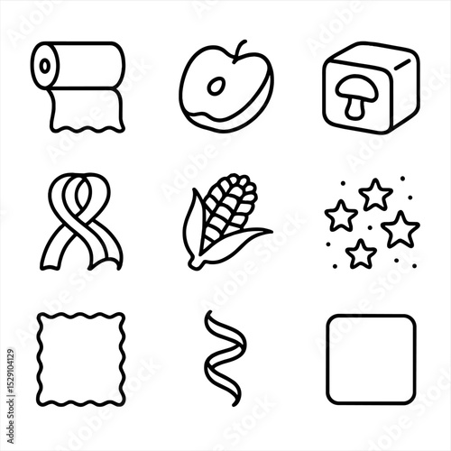 Biodegradable Material Icons. Outline icon set of biodegradable materials: PLA fabric bolt, apple leather slice, mushroom leather