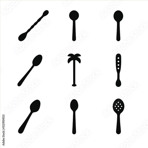 Beverage Spoon Icon Set. Solid, Filled icon set of beverage and cocktail spoons: bar spoon, latte stirrer, espresso spoon, iced