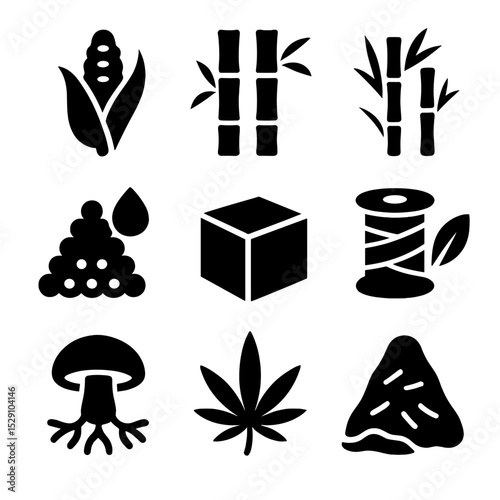 Biodegradable Materials Icons. Solid, Filled icon set of biodegradable materials: cornstarch, bamboo, sugarcane bagasse, PLA resin