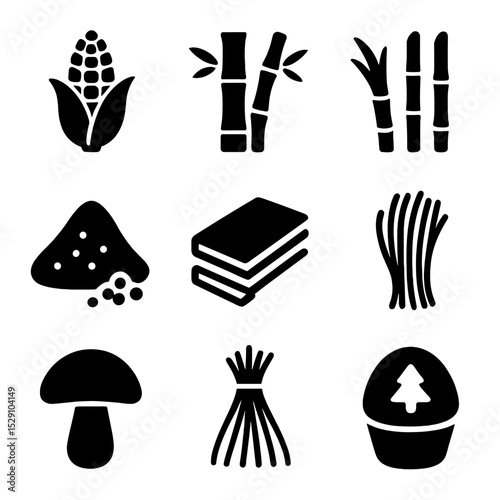 Biodegradable Materials Icons. Solid, Filled icon set of biodegradable materials: cornstarch, bamboo, sugarcane bagasse, PLA resin