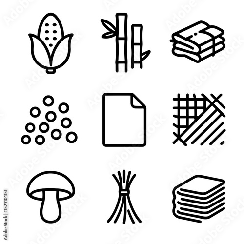 Biodegradable Materials Icons. Outline icon set of biodegradable materials: cornstarch, bamboo, sugarcane bagasse, PLA resin,