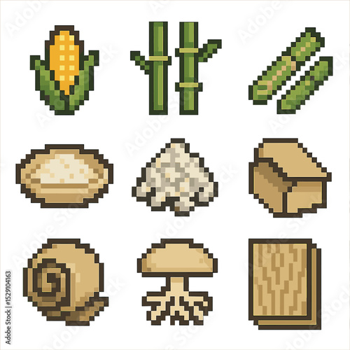 Biodegradable Materials Icons. Pixel art icon set of biodegradable materials: cornstarch, bamboo, sugarcane bagasse, PLA resin,