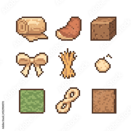 Biodegradable Materials Icons. Pixel art icon set of biodegradable materials: PLA fabric bolt, apple leather slice, mushroom