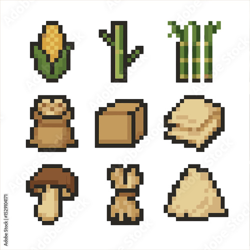 Biodegradable Materials Icons. Pixel art icon set of biodegradable materials: cornstarch, bamboo, sugarcane bagasse, PLA resin,