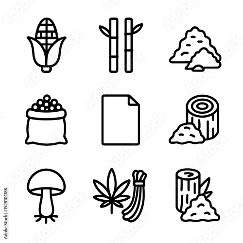 Biodegradable Materials Icons. Outline icon set of biodegradable materials: cornstarch, bamboo, sugarcane bagasse, PLA resin,