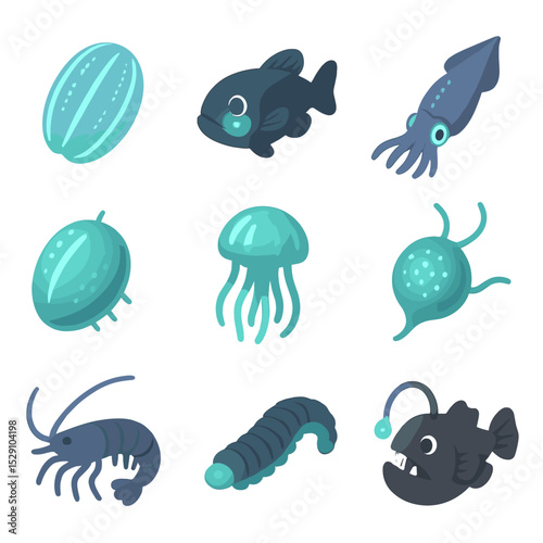 Bioluminescent Organism Icons. Isometric Flat icon set of bioluminescent organisms: comb jelly, flashlight fish, firefly squid,