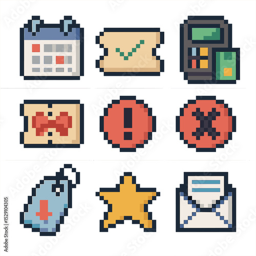 Booking Pixel Icons. Pixel art icon set of booking and reservation features: calendar selector, confirmation ticket, payment
