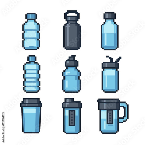 Bottle Icon Collection. Pixel art icon set of water bottle varieties: plastic bottle, stainless steel bottle, glass bottle,