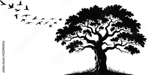 Striking Silhouette of a Large Tree with a Flock of Birds Taking Flight: Evocative Vector Art for Nature, Freedom, Tranquility, and Scenic Landscape Designs