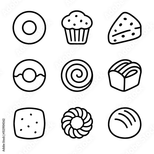 Breakfast Pastries Icons. Outline icon set of breakfast pastries: bagel, muffin, scone, donut, cinnamon roll, babka, beignet,