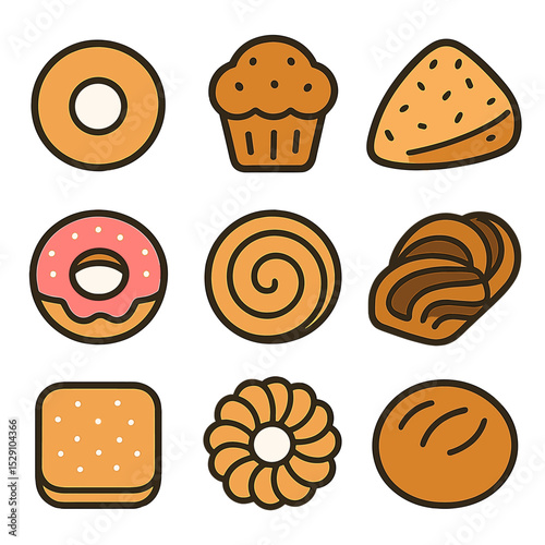 Breakfast Pastries Grid. Flat icon set of breakfast pastries: bagel, muffin, scone, donut, cinnamon roll, babka, beignet, cruller,