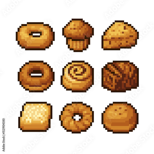 Breakfast Pastry Icons. Pixel art icon set of breakfast pastries: bagel, muffin, scone, donut, cinnamon roll, babka, beignet,
