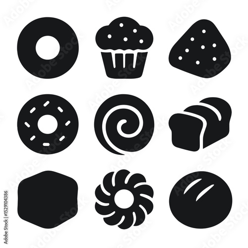 Breakfast Pastry Icons. Solid, Filled icon set of breakfast pastries: bagel, muffin, scone, donut, cinnamon roll, babka, beignet,