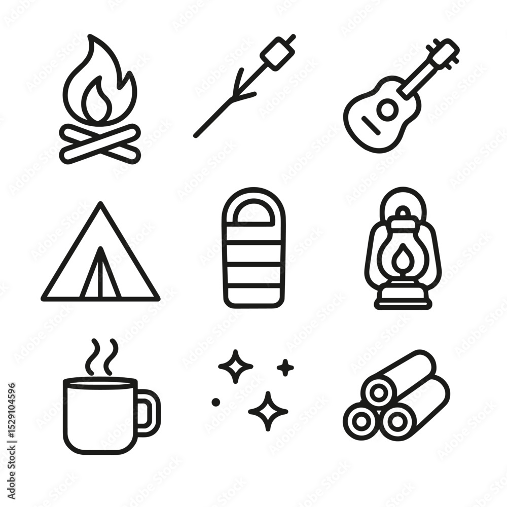 Fototapeta premium Campfire Night Icons. Outline icon set of campfire bonding nights: campfire flame, marshmallow on stick, guitar, tent silhouette,