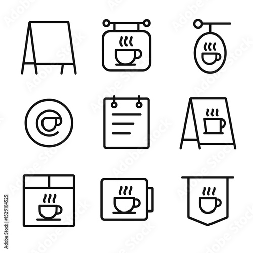 Café Signage Icons. Outline icon set of café signage: chalkboard, neon sign, hanging sign, logo sign, menu board, A-frame sign,