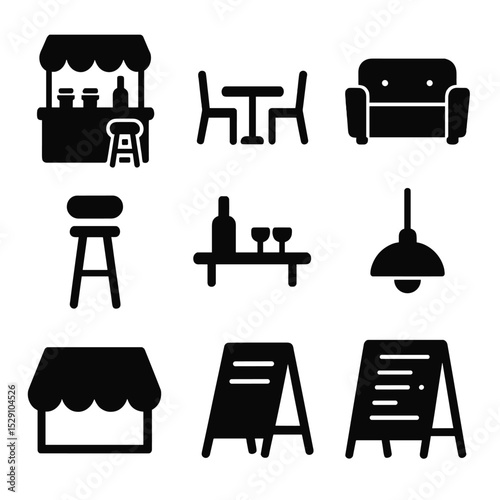 Café Icon Grid. Solid, Filled icon set of café interior: counter, tables, chairs, sofa, bar stool, shelf, lamp, awning, chalkboard