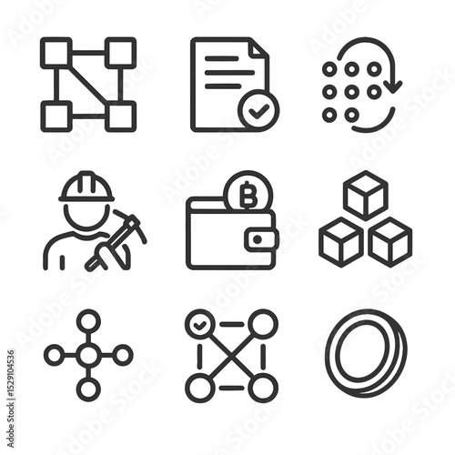 Blockchain Icon Set. Outline icon set of blockchain technology: distributed ledger, smart contract, hash function, miner, crypto