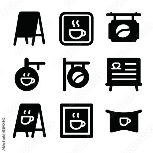 Café Signage Icons. Solid, Filled icon set of café signage: chalkboard, neon sign, hanging sign, logo sign, menu board, A-frame