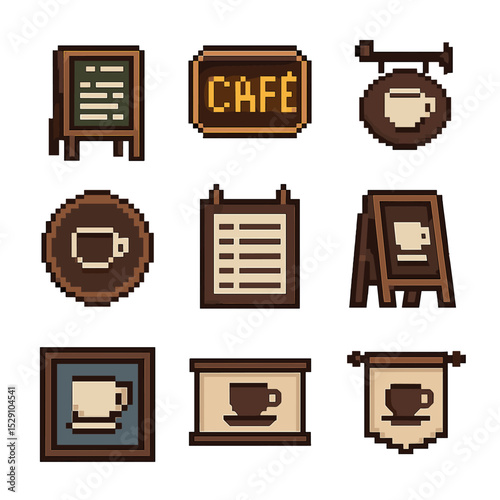 Café Signage Icons. Pixel art icon set of café signage: chalkboard, neon sign, hanging sign, logo sign, menu board, A-frame sign,