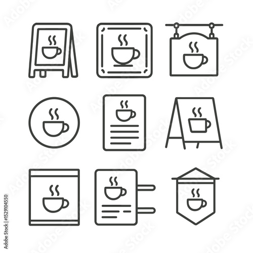 Café Signage Icons. Outline icon set of café signage: chalkboard, neon sign, hanging sign, logo sign, menu board, A-frame sign,