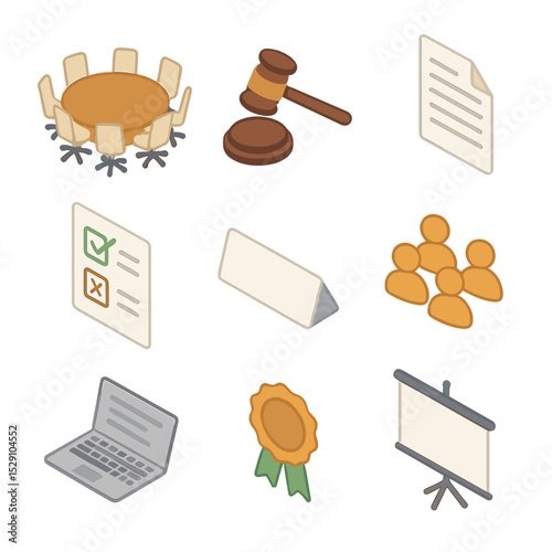 Board Meeting Essentials Icons. Isometric Flat icon set of board meeting essentials: roundboard table, gavel, agenda document,