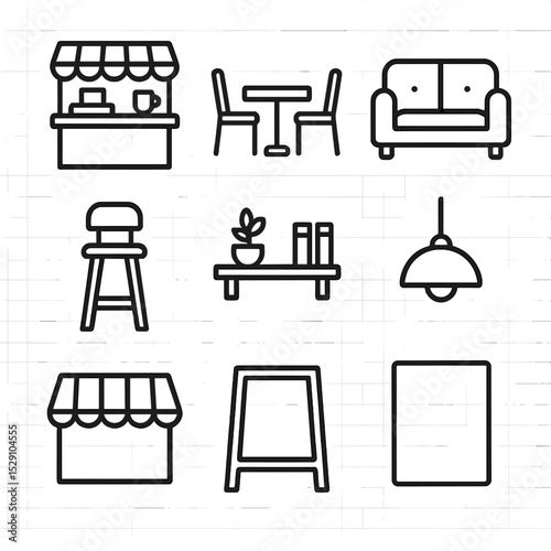 Café Icon Set. Outline icon set of café interior: counter, tables, chairs, sofa, bar stool, shelf, lamp, awning, chalkboard menu..