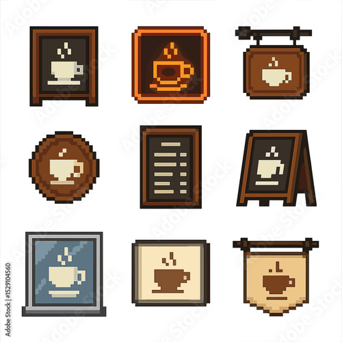 Café Signage Icons. Pixel art icon set of café signage: chalkboard, neon sign, hanging sign, logo sign, menu board, A-frame sign,