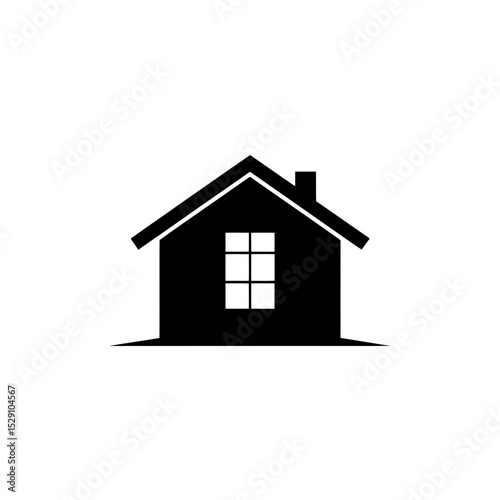 A simple black silhouette of a house features a gabled roof and a central window divided into four pane