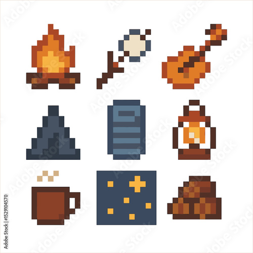 Campfire Night Icons. Pixel art icon set of campfire bonding nights: campfire flame, marshmallow on stick, guitar, tent silhouette