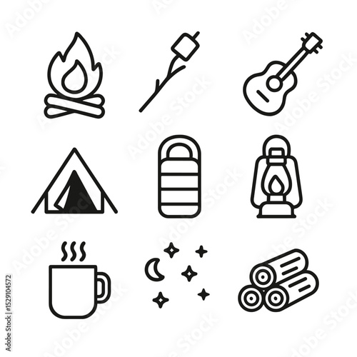 Campfire Night Icons. Outline icon set of campfire bonding nights: campfire flame, marshmallow on stick, guitar, tent silhouette,