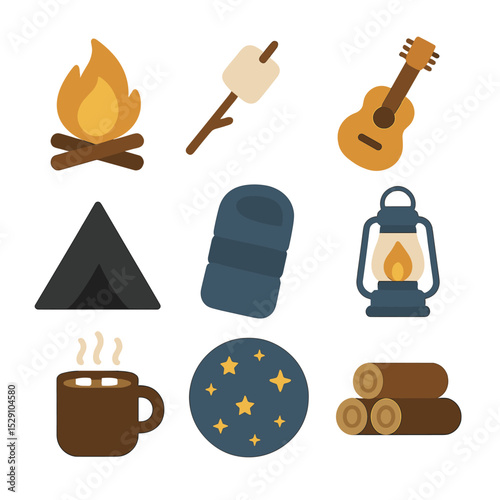 Campfire Bonding Icons. Flat icon set of campfire bonding nights: campfire flame, marshmallow on stick, guitar, tent silhouette,