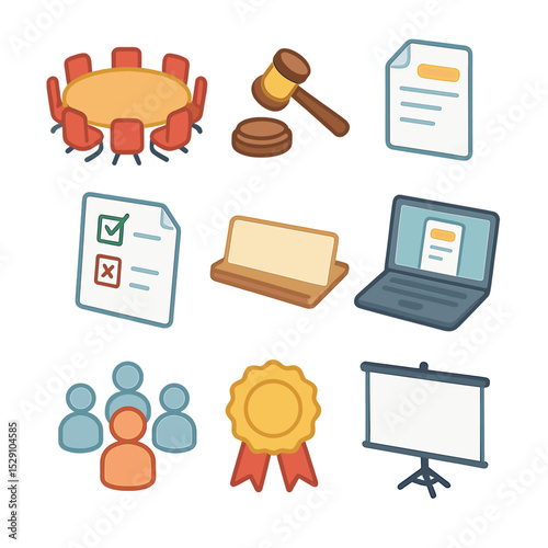 Board Meeting Essentials Icons. Isometric Flat icon set of board meeting essentials: roundboard table, gavel, agenda document,