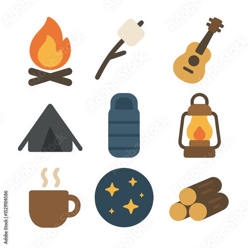 Campfire Bonding Icons. Flat icon set of campfire bonding nights: campfire flame, marshmallow on stick, guitar, tent silhouette,