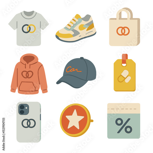 Brand Collaboration Icons. Isometric Flat icon set of brand collaboration items: logo tee, limited-edition sneakers, co-branded