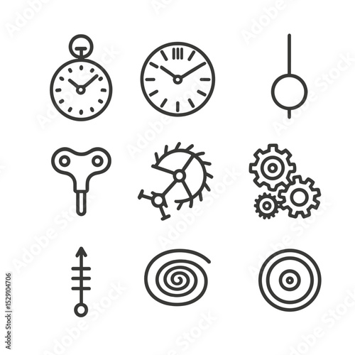 Brass Timepiece Icons. Outline icon set of brass timepieces and mechanisms: pocket watch, clock face, pendulum bob, winding key,