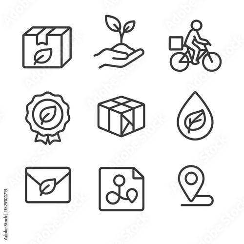 Carbon-Neutral Shipping Icons. Outline icon set of carbon-neutral shipping: eco parcel, tree-planting sapling, bike courier,