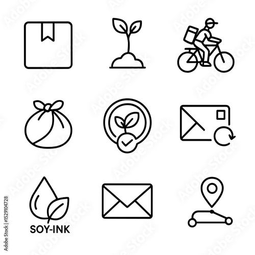 Carbon-Neutral Shipping Icons. Outline icon set of carbon-neutral shipping: eco parcel, tree-planting sapling, bike courier,