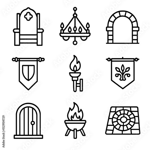 Castle Interior Icons. Outline icon set of castle interior: throne, chandelier, stone archway, royal banner, torch sconce,