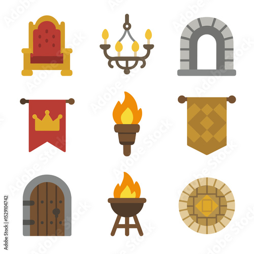 Castle Interior Icons. Flat icon set of castle interior: throne, chandelier, stone archway, royal banner, torch sconce, tapestry,