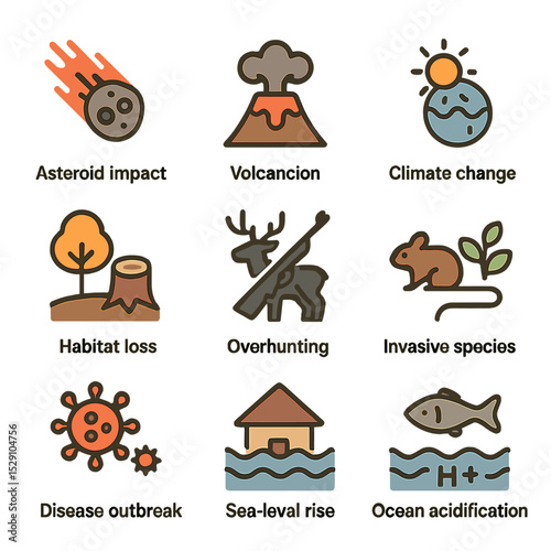 Causes of Extinction Icons. Flat icon set of extinction causes: asteroid impact, volcanic eruption, climate change, habitat loss,