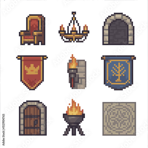 Castle Interior Icons. Pixel art icon set of castle interior: throne, chandelier, stone archway, royal banner, torch sconce,