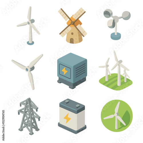 Breeze-Powered Energy Icons. Isometric Flat icon set of breeze-powered energy: wind turbine, windmill, anemometer, turbine blade,