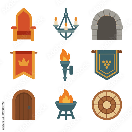 Castle Interior Icons. Flat icon set of castle interior: throne, chandelier, stone archway, royal banner, torch sconce, tapestry,