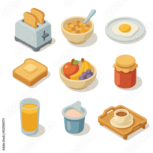 Breakfast Icon Set. Isometric Flat icon set of breakfast essentials: toaster with toast pop-up, cereal bowl with spoon, fried egg