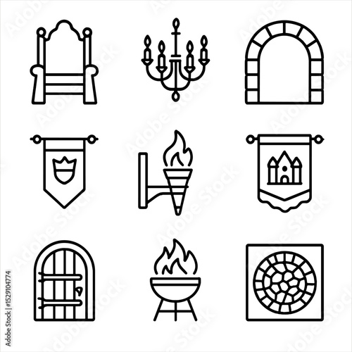 Castle Interior Icons. Outline icon set of castle interior: throne, chandelier, stone archway, royal banner, torch sconce,