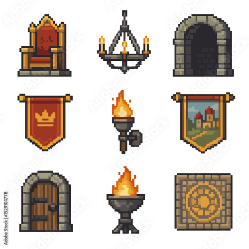 Castle Interior Icons. Pixel art icon set of castle interior: throne, chandelier, stone archway, royal banner, torch sconce,