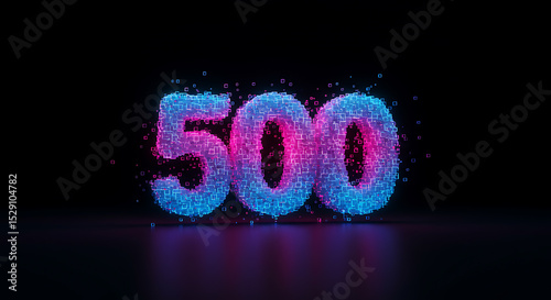 Abstract number 500 made of glowing digital cubes. Futuristic 3D render with pink and blue neon light for a technology milestone, social media celebration, or 500k followers concept.