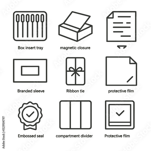Brush Kit Packaging Icons. Outline icon set of brush kit packaging elements: box insert tray, magnetic closure, instruction